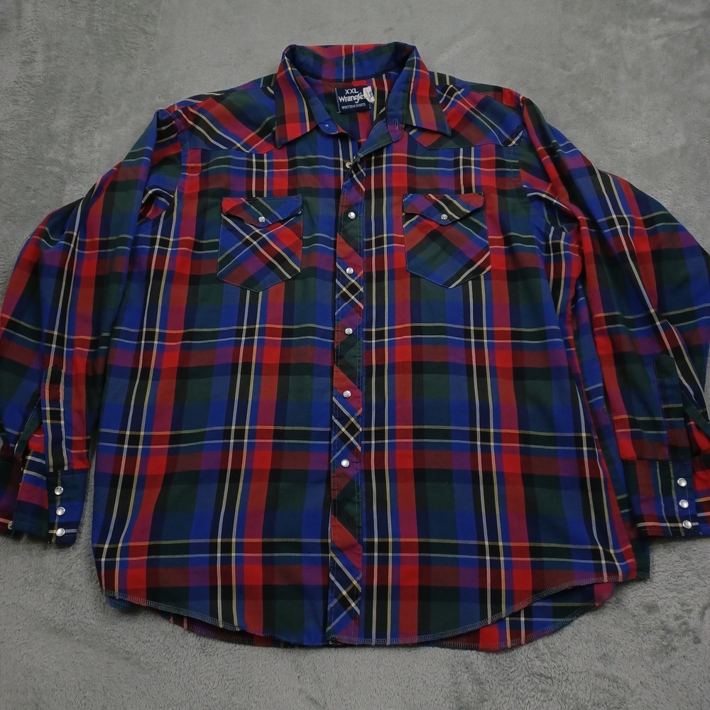 Wrangler Shirt Mens XXL Blue Plaid Pearl Snap Western Pockets Long Sleeve